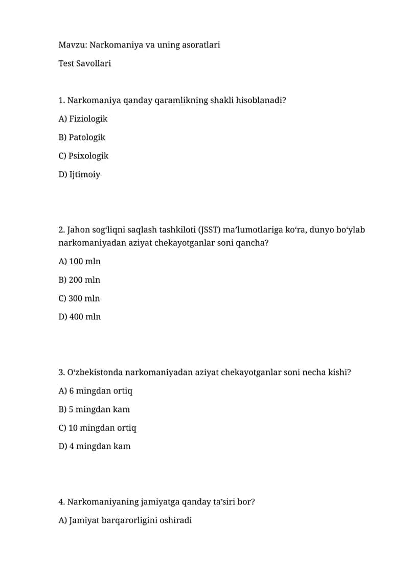 Narkomaniya va uning asoratlari