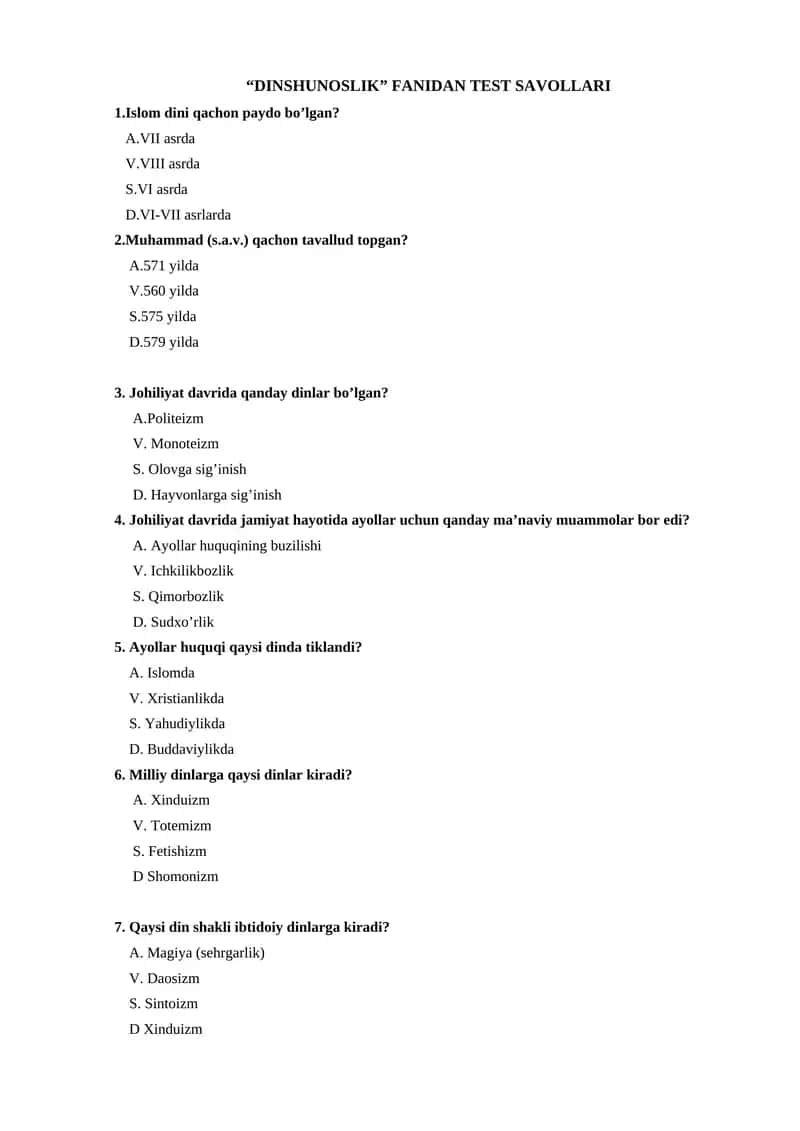 "DINSHUNOSLIK" FANIDAN TEST SAVOLLARI