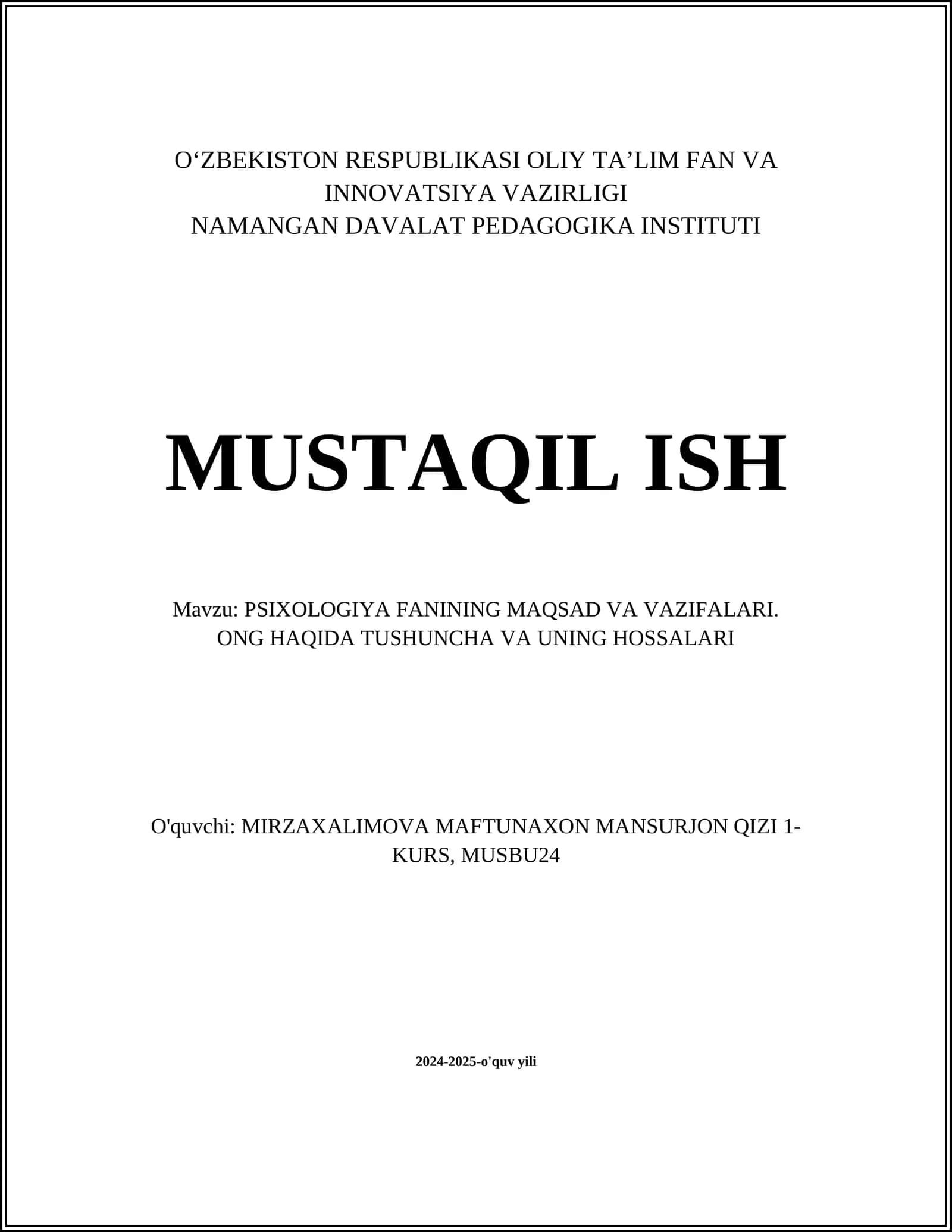 PSIXOLOGIYA FANINING MAQSAD VA VAZIFALARI