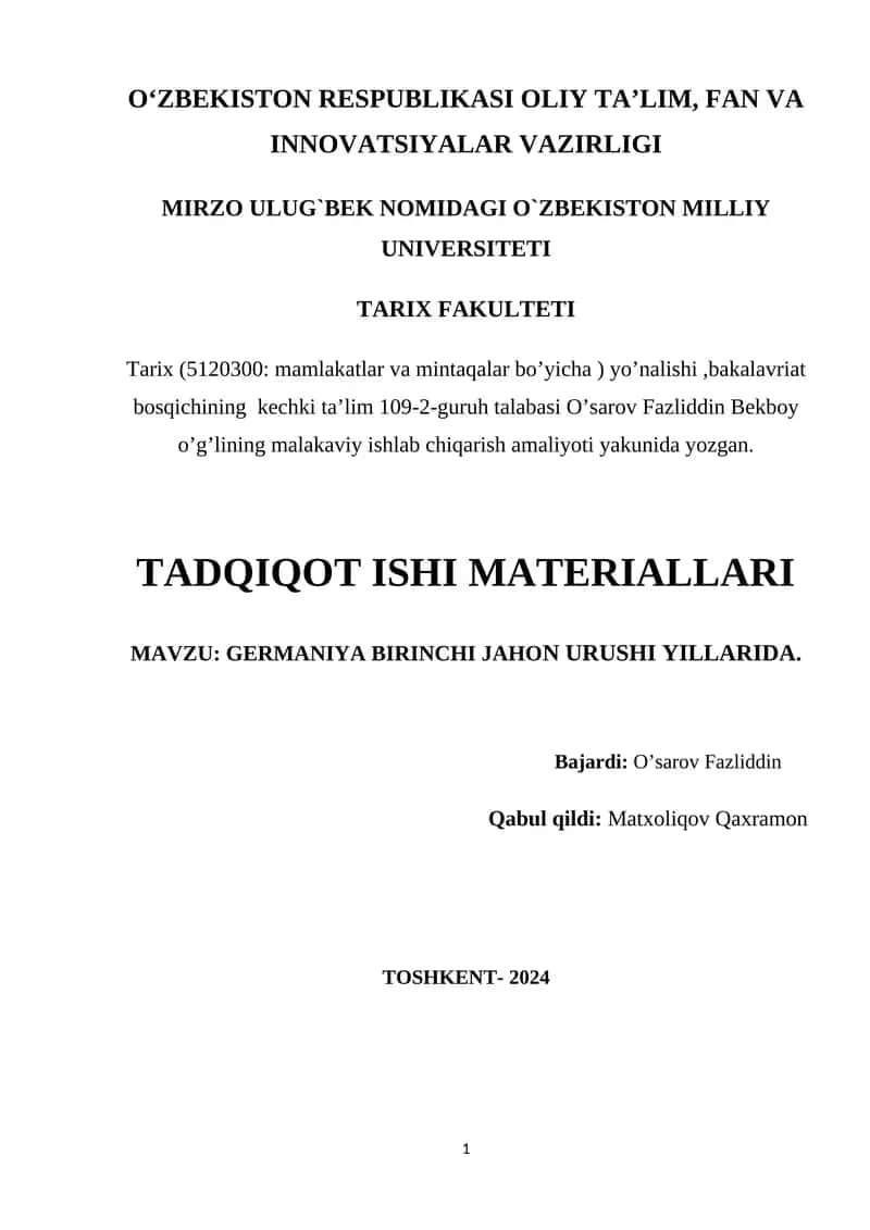GERMANIYA BIRINCHI JAHON URUSHI YILLARIDA