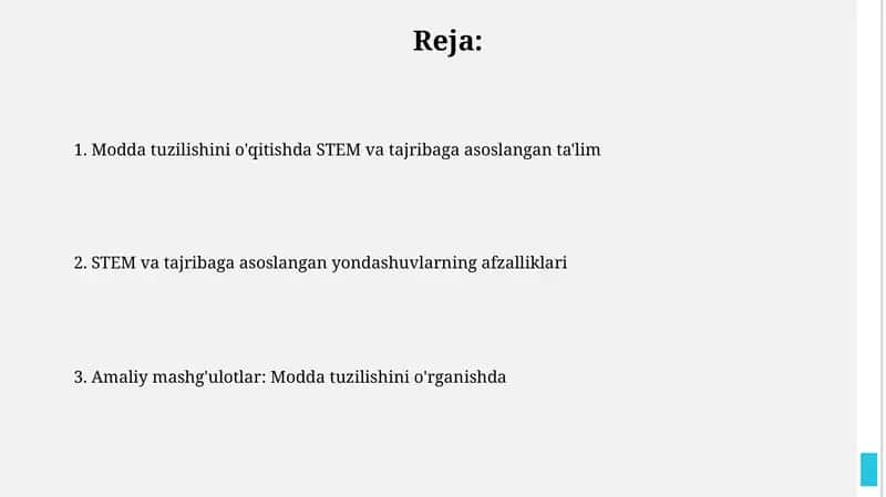 Modda tuzilishini o'qitishda STEM va tajribaga asoslangan ta'lim