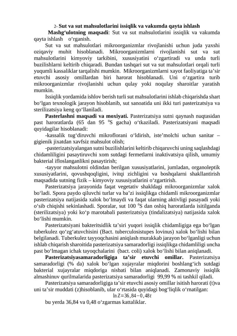 Sut va sut mahsulotlarini issiqlik va vakumda qayta ishlash