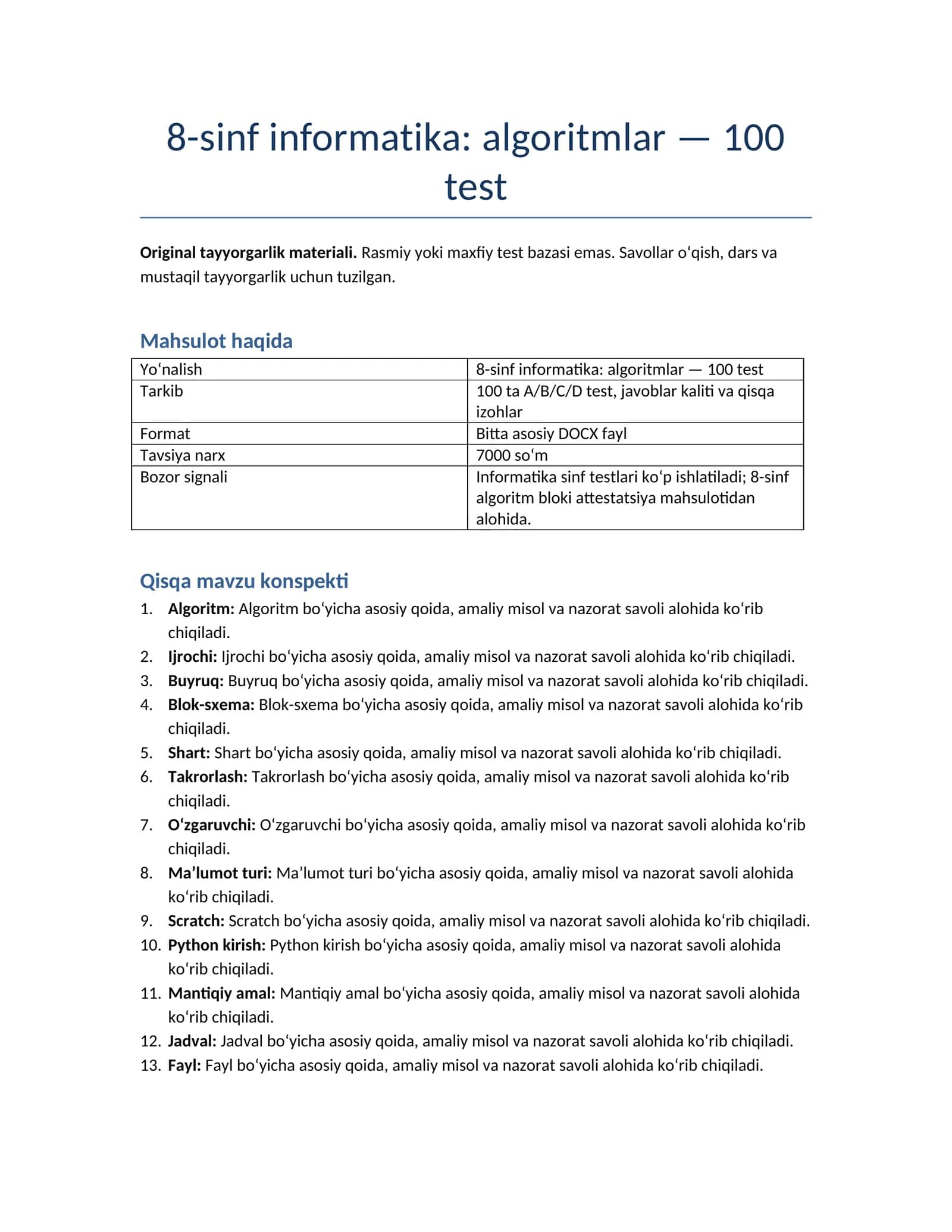8-sinf informatika: algoritmlar - 100 test