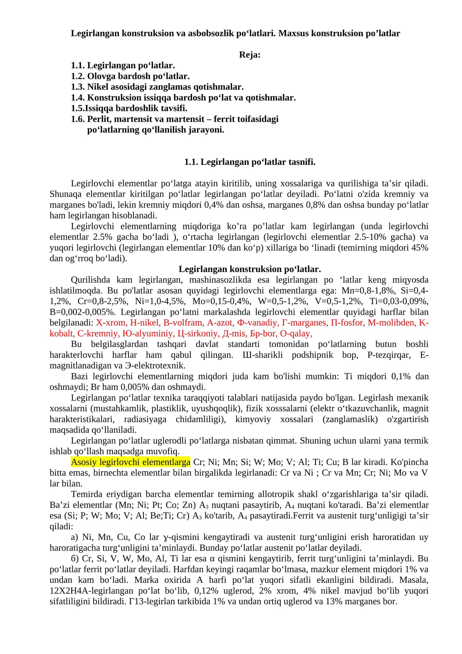 Legirlangan konstruksion va asbobsozlik po‘latlari