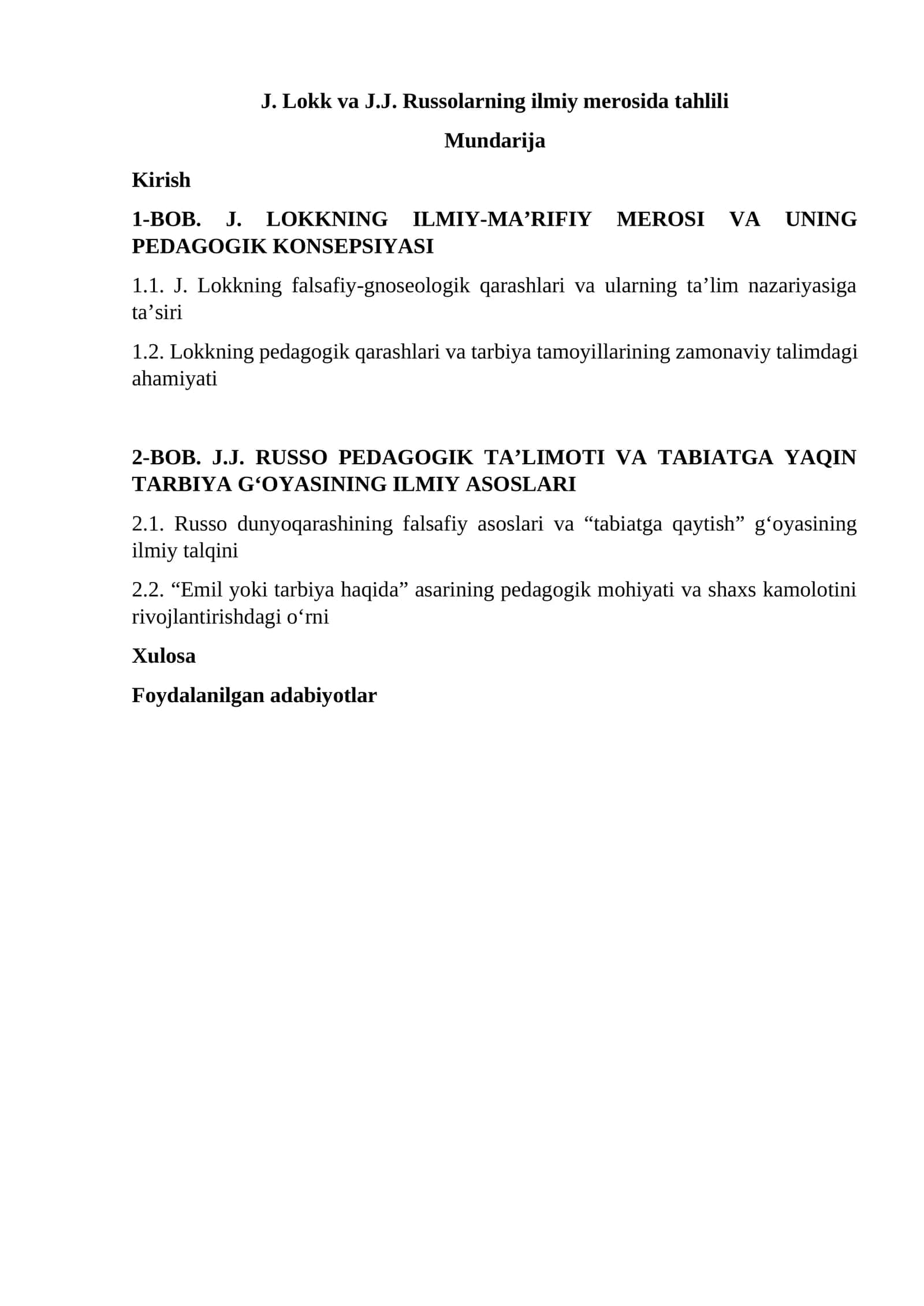 J. Lokk va J.J. Russolarning ilmiy merosida tahlili