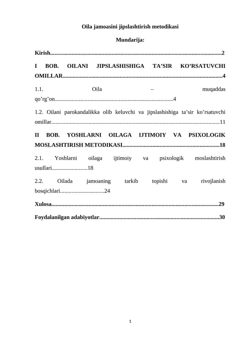 Oila jamoasini jipslashtirish metodikasi