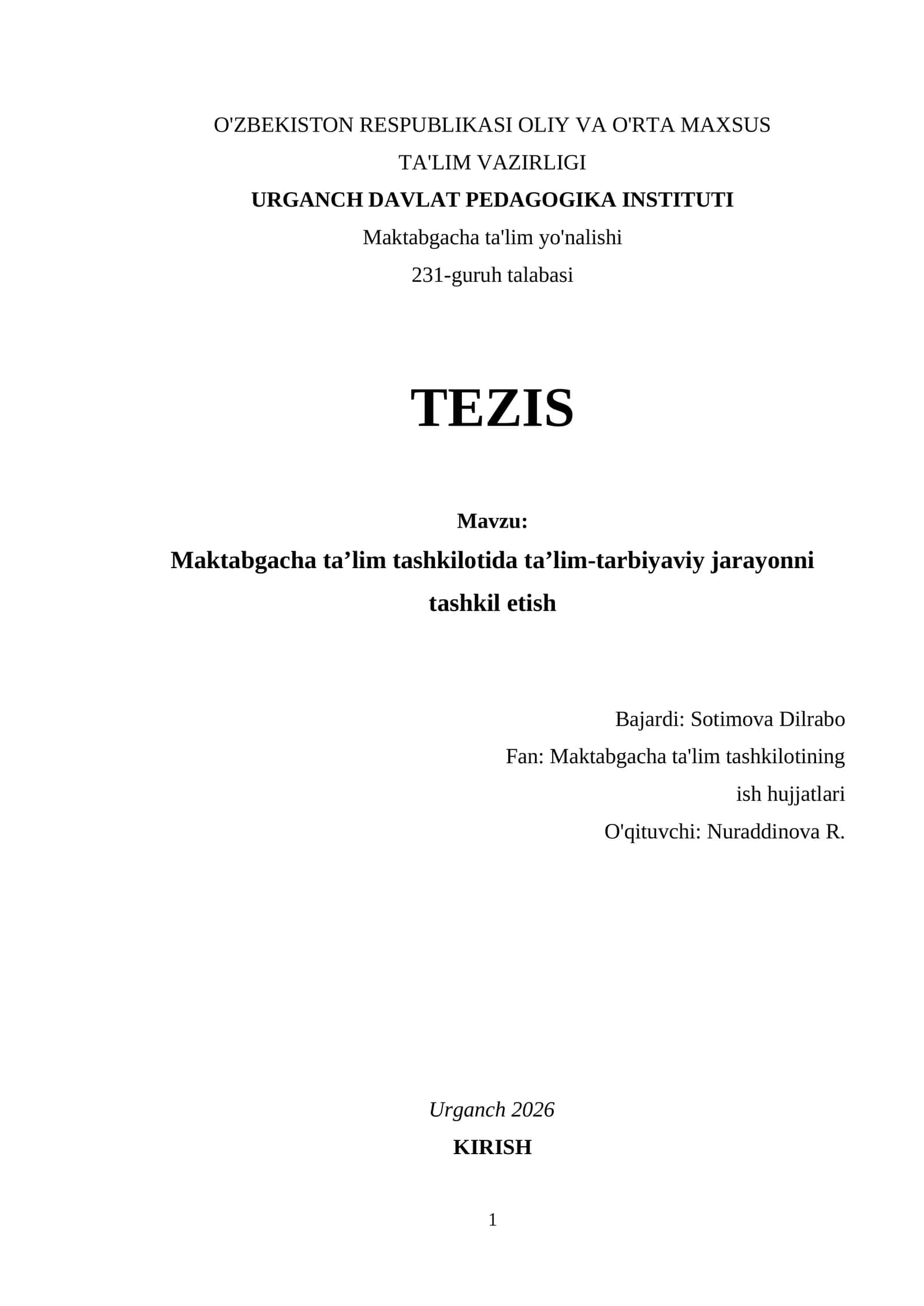 Maktabgacha ta’lim tashkilotida ta’lim-tarbiyaviy jarayonni tashkil etish