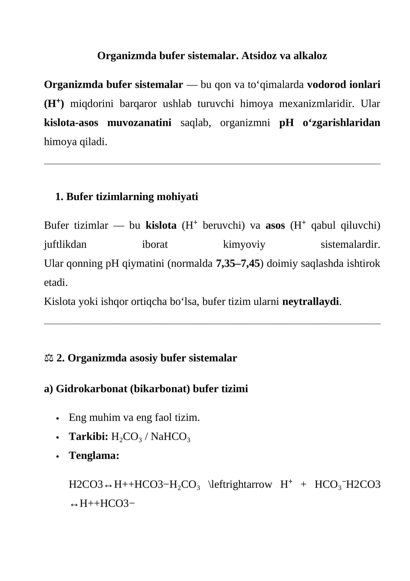 Organizmda bufer sistemalar. Atsidoz va alkaloz