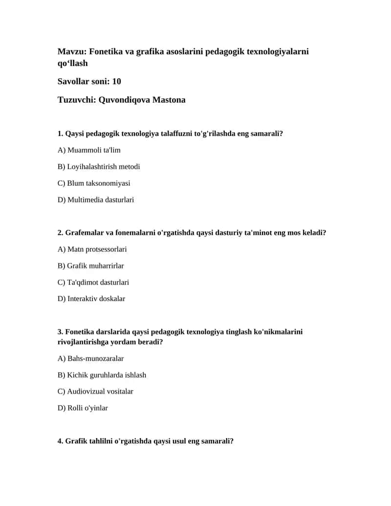Fonetika va grafika asoslarini pedagogik texnologiyalarni qoʻllash