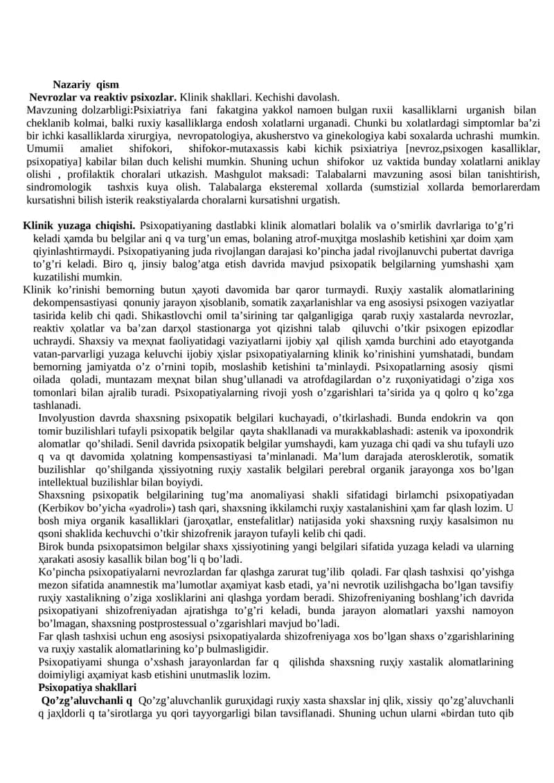 Nevrozlar va reaktiv psixozlar. Klinik shakllari. Kechishi davolash