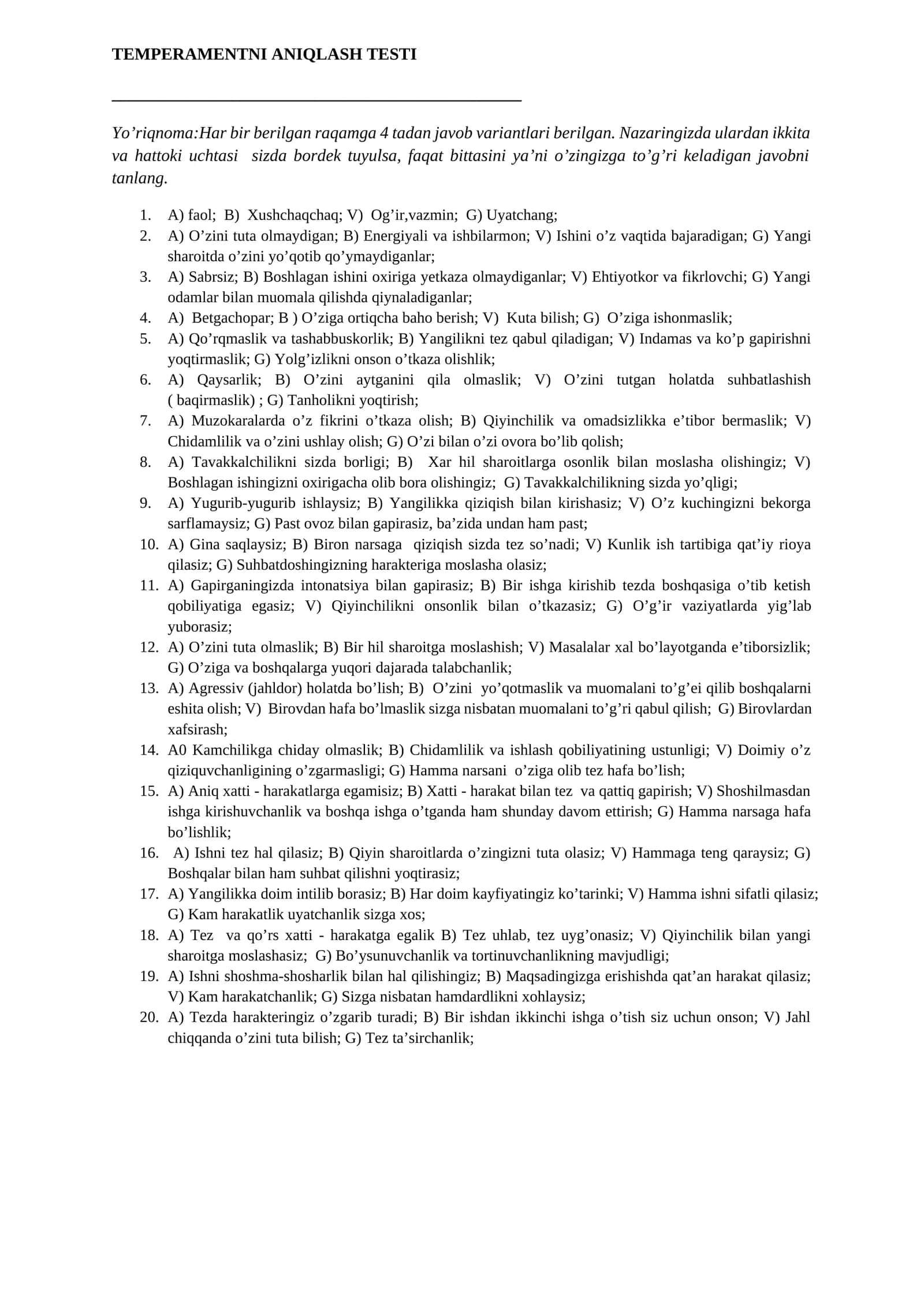TEMPERAMENTNI ANIQLASH TESTI