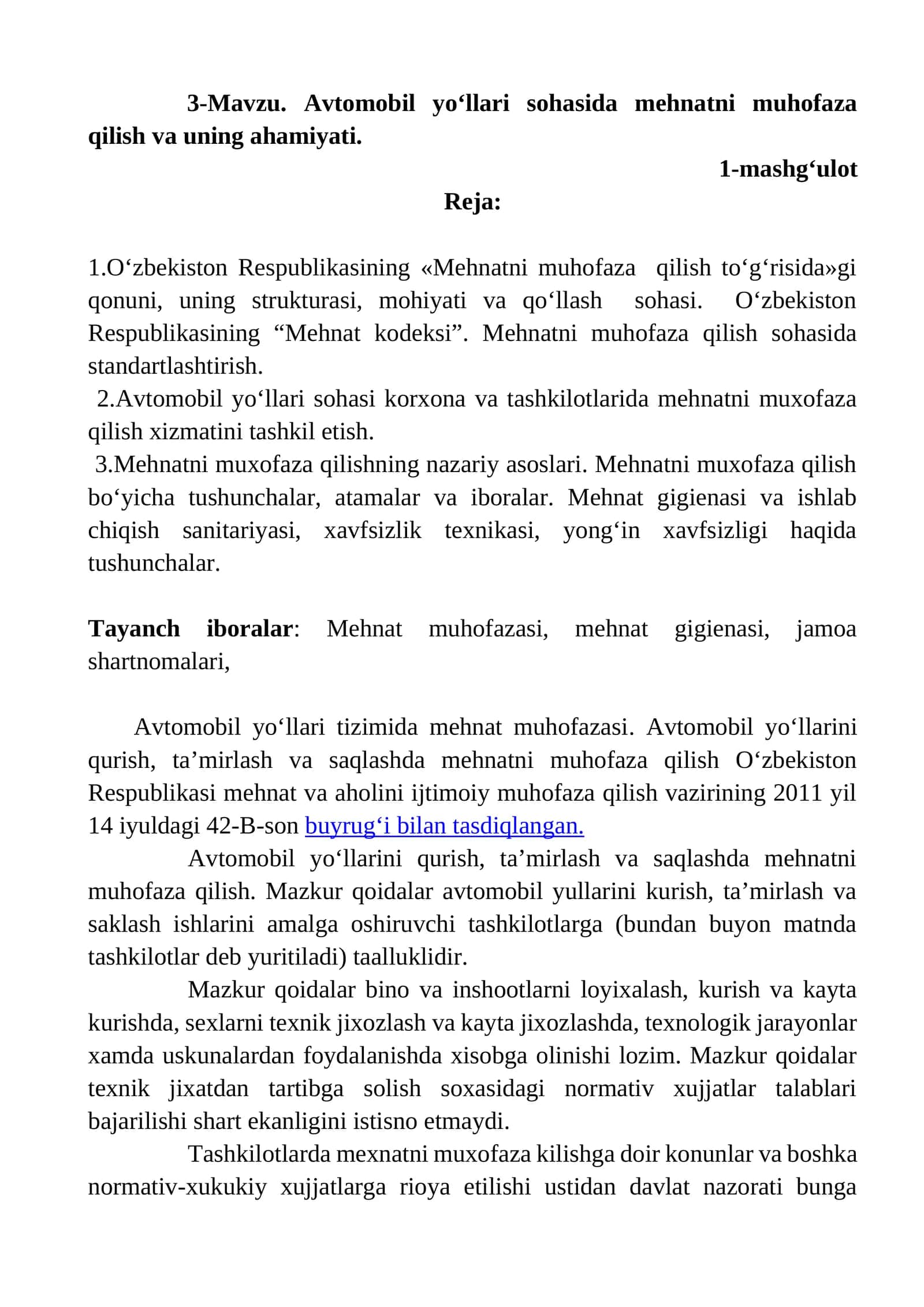 Mavzu 3. Avtomobil yo‘llari sohasida mehnatni muhofaza qilish va uning ahamiyati