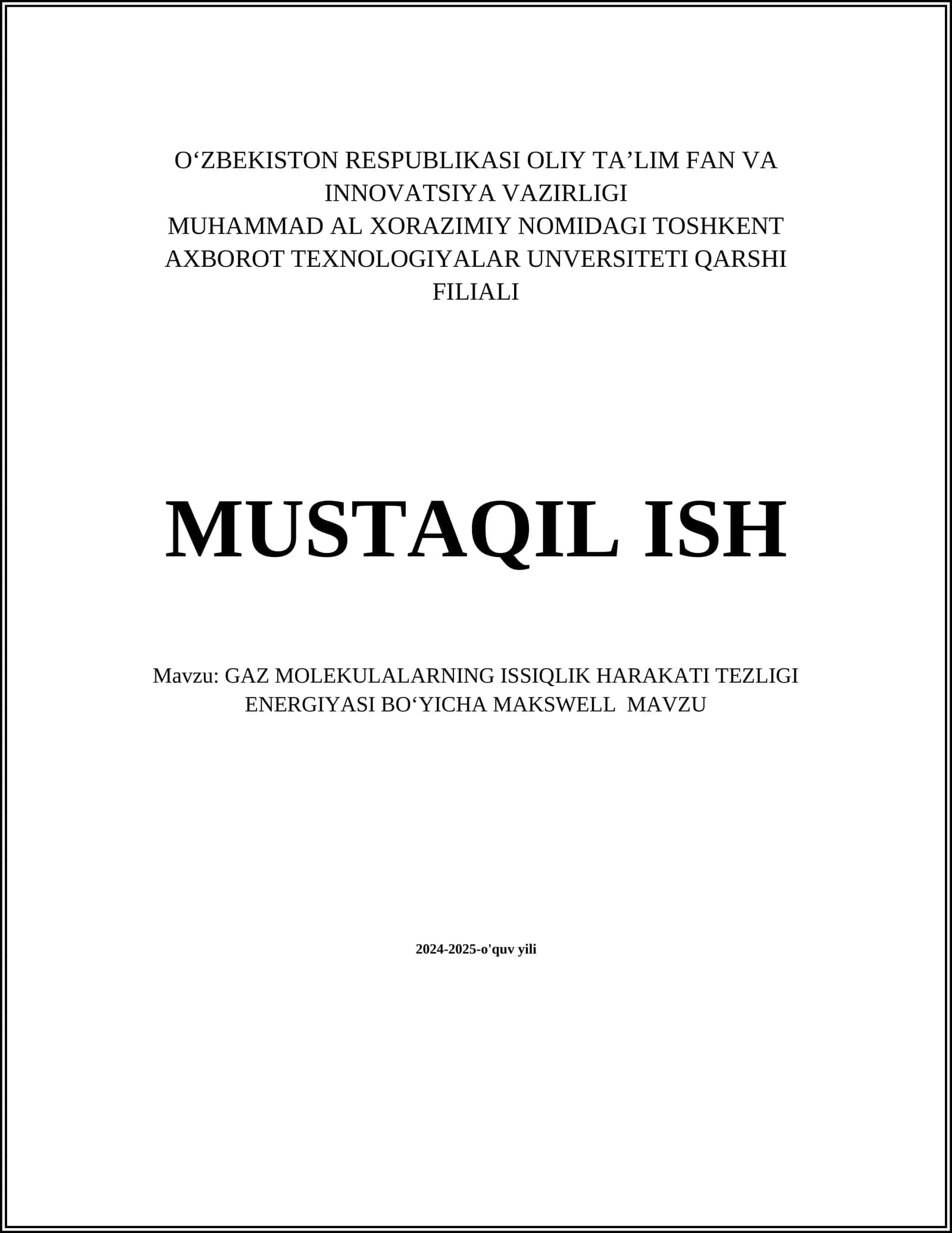 GAZ MOLEKULALARNING ISSIQLIK HARAKATI TEZLIGI ENERGIYASI BOʻYICHA MAKSWELL