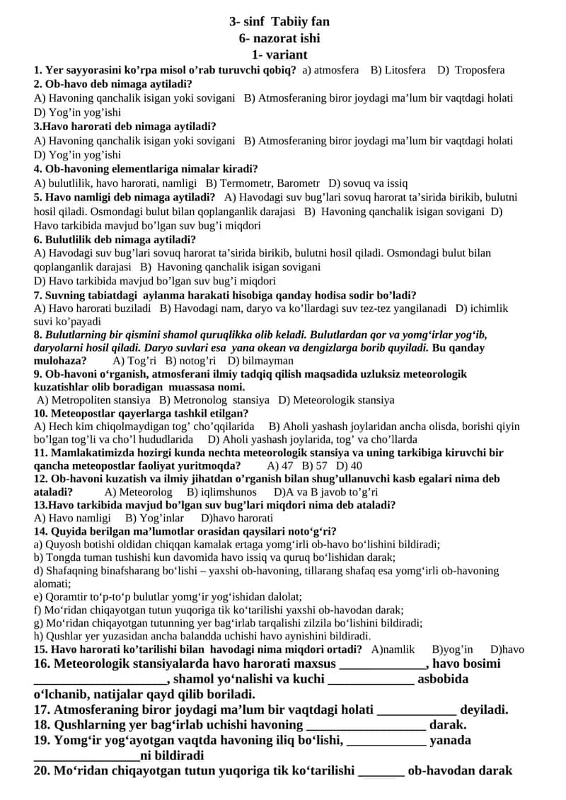 3- sinf Tabiiy fan 6- nazorat ishi 1- variant