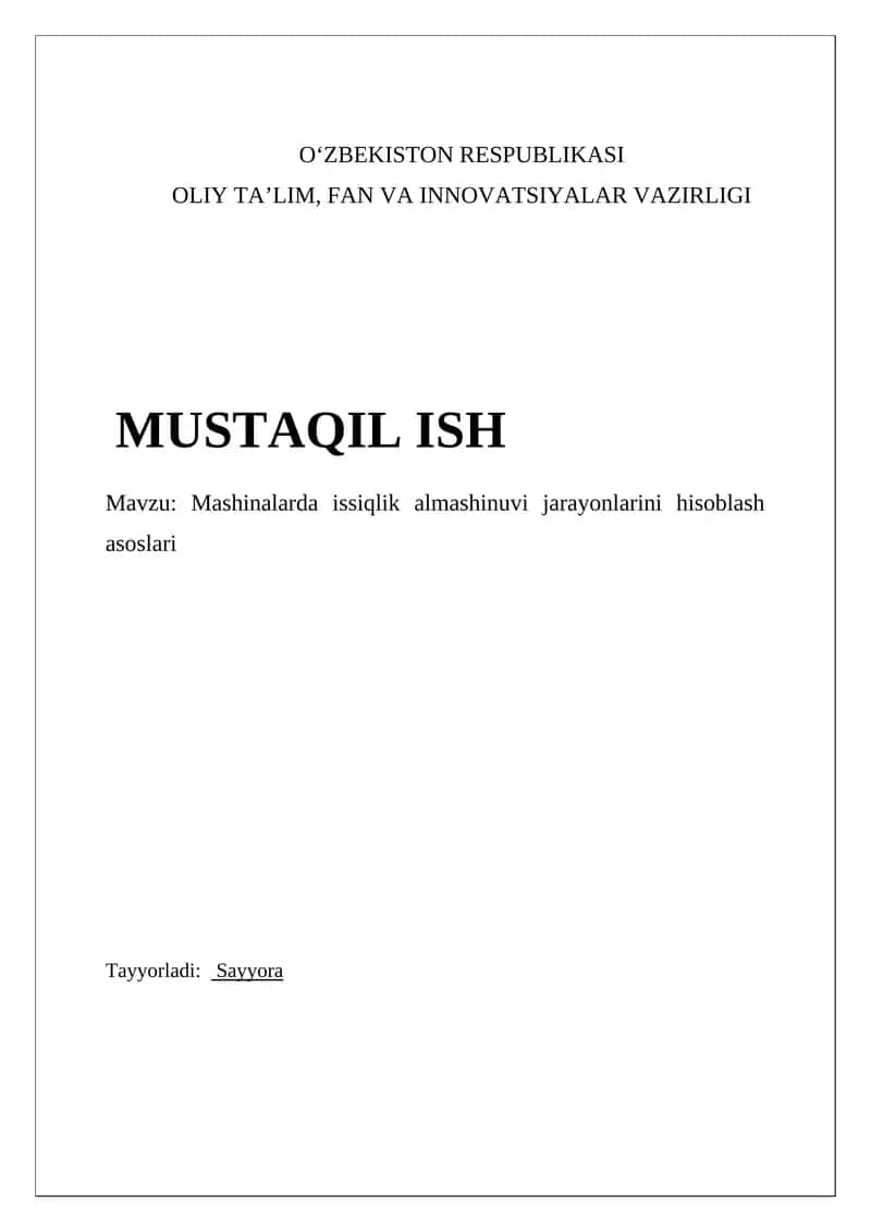Mashinalarda issiqlik almashinuvi jarayonlarini hisoblash asoslari