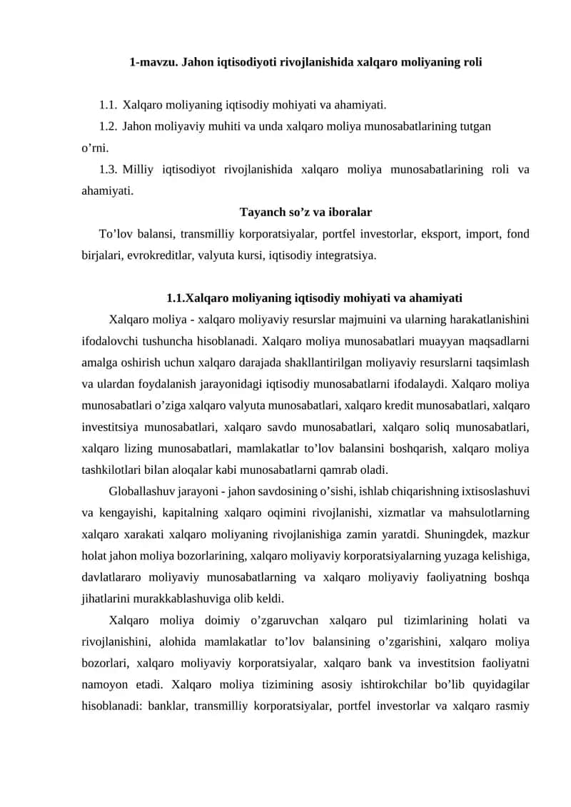 Jahon iqtisodiyoti rivojlanishida xalqaro moliyaning roli