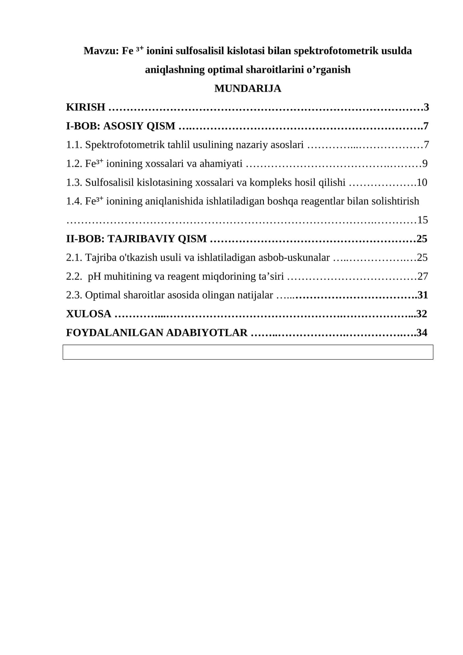 Fe ³⁺ ionini sulfosalisil kislotasi bilan spektrofotometrik usulda aniqlashning optimal sharoitlarini o’rganish