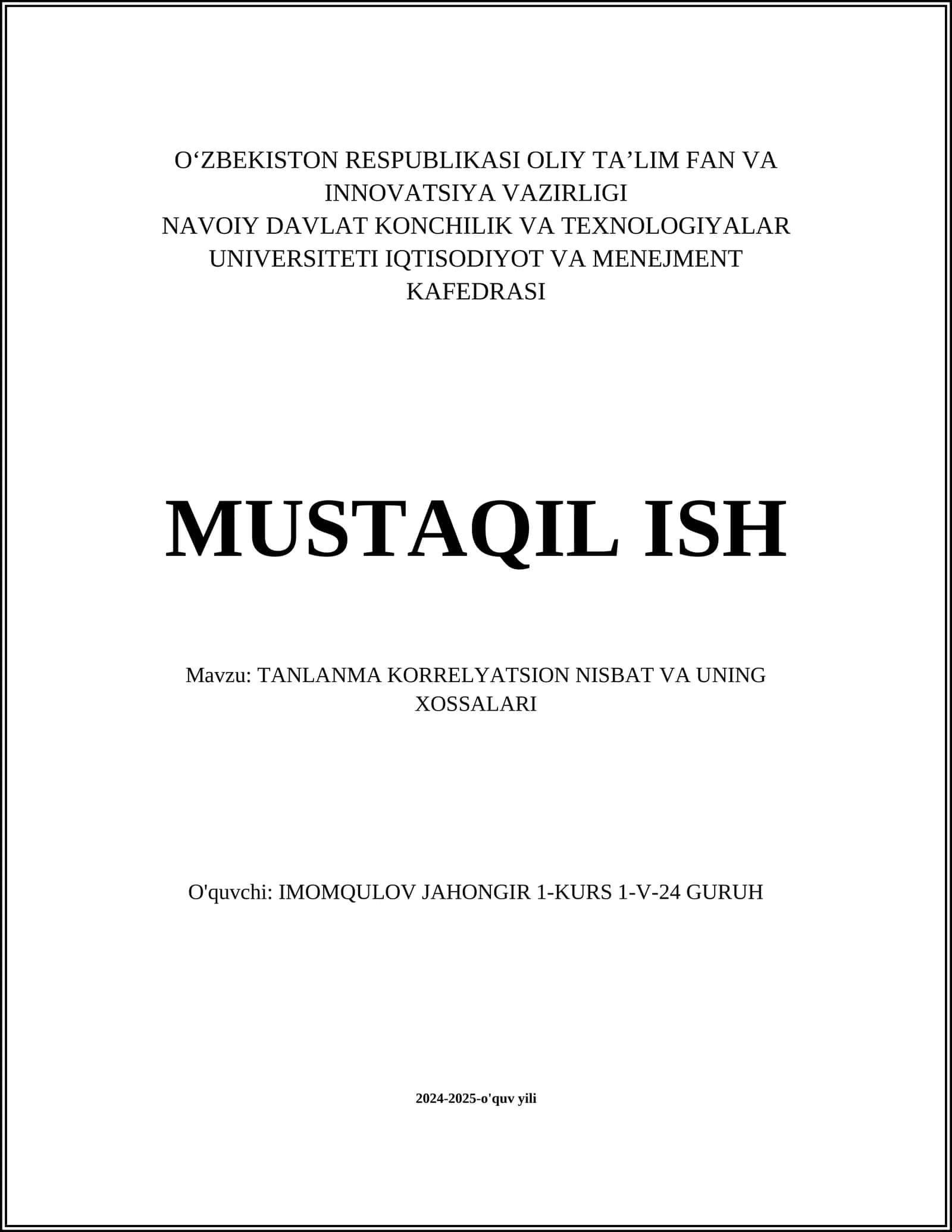 TANLANMA KORRELYATSION NISBAT VA UNING XOSSALARI