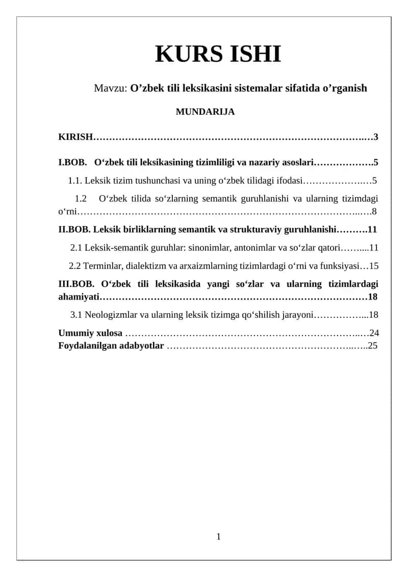 O’zbek tili leksikasini sistemalar sifatida o’rganish