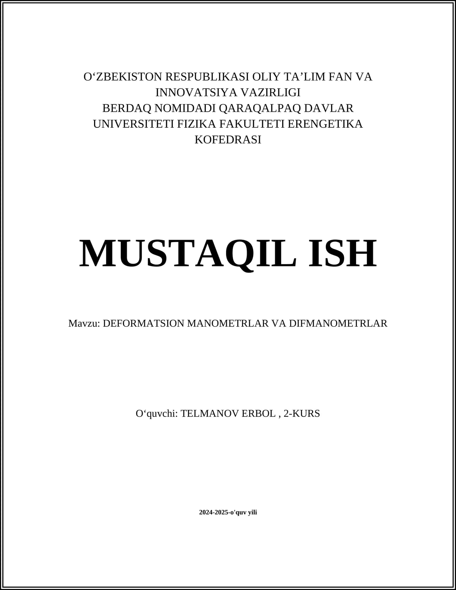 DEFORMATSION MANOMETRLAR VA DIFMANOMETRLAR