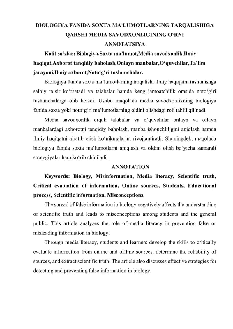 BIOLOGIYA FANIDA SOXTA MA'LUMOTLARNING TARQALISHIGA QARSHI MEDIA SAVODXONLIGINING O‘RNI