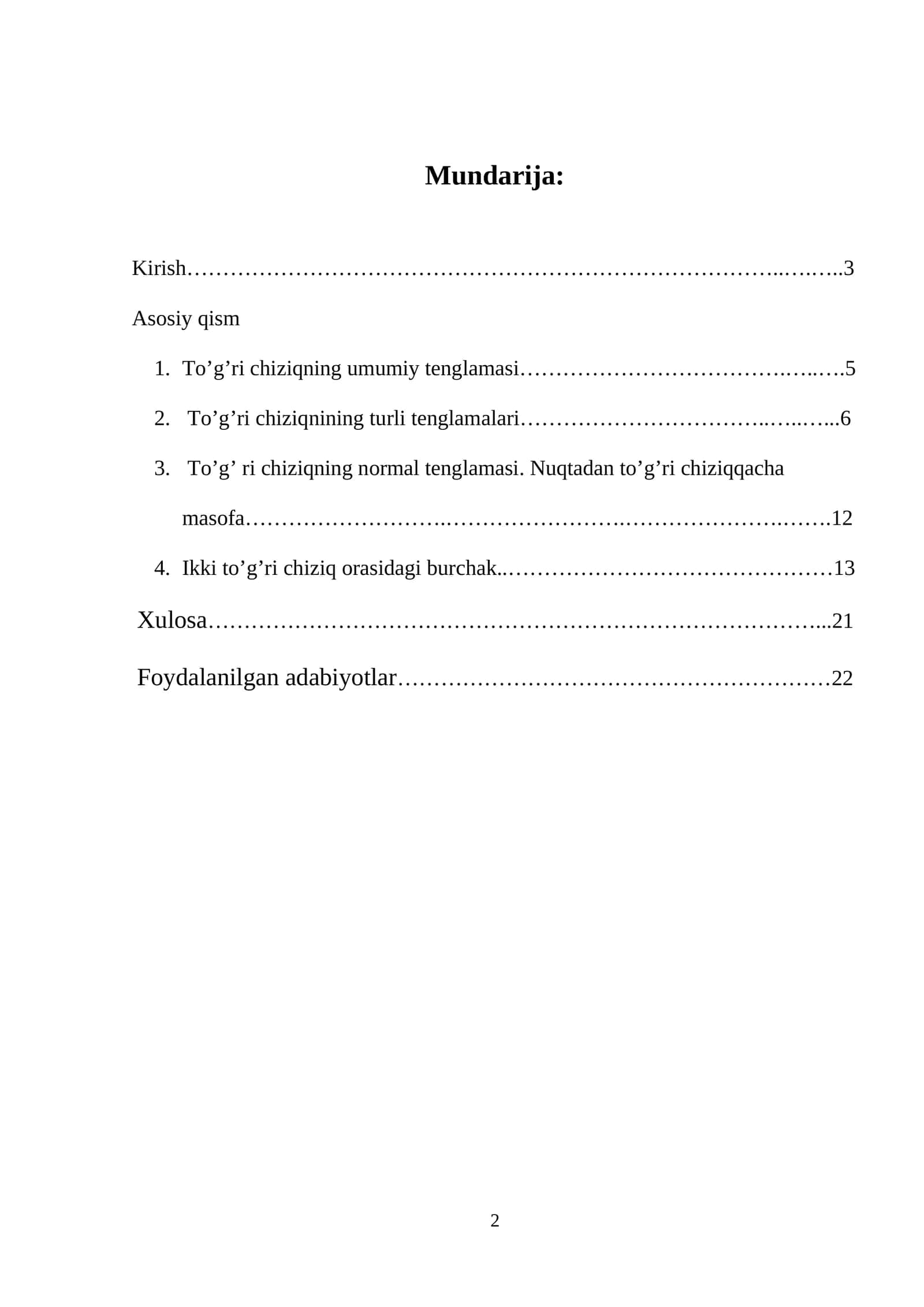 "To’g’ri chiziq va uning turli tenglamalari"
