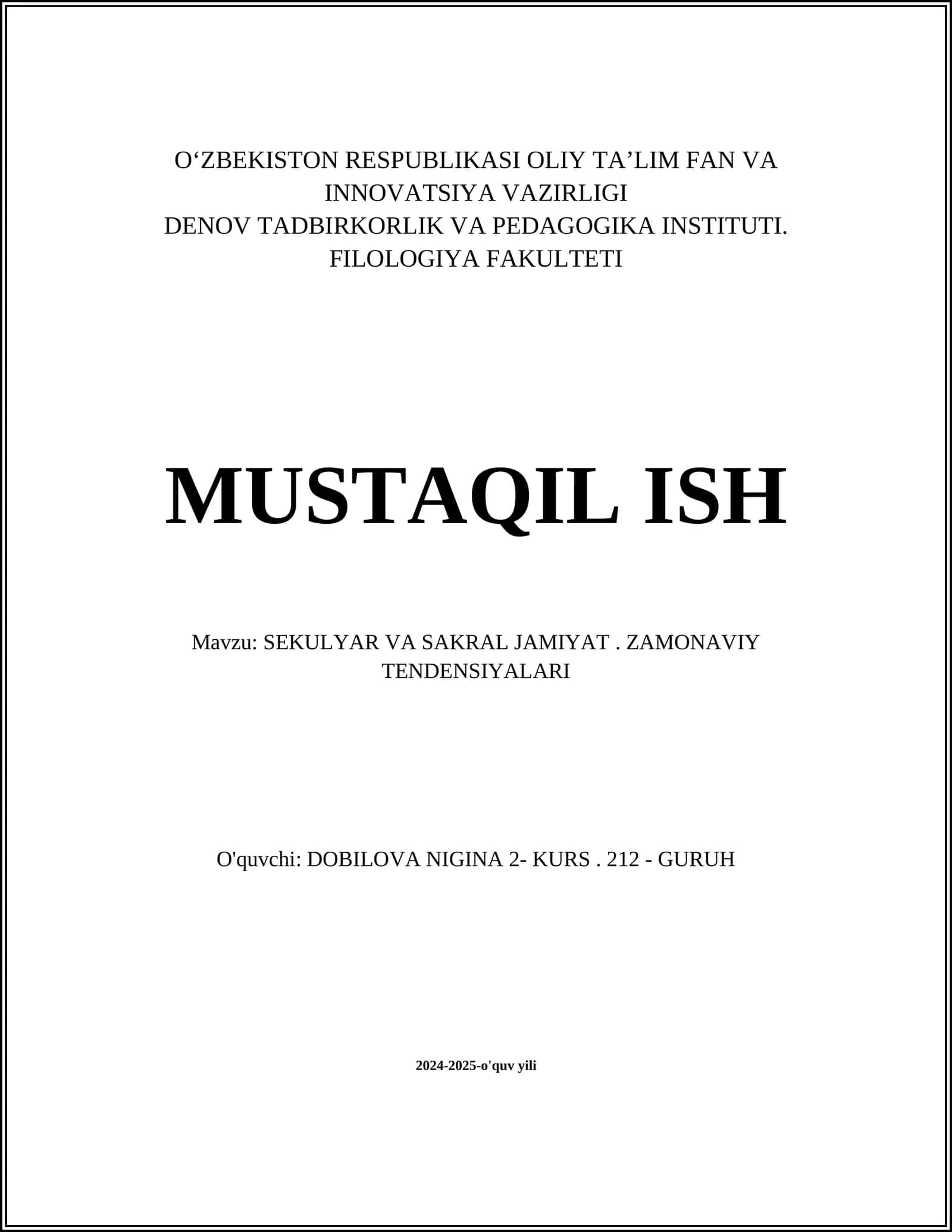 SEKULYAR VA SAKRAL JAMIYAT. ZAMONAVIY TENDENSIYALARI