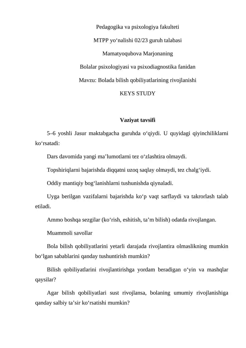 Bolada bilish qobiliyatlarining rivojlanishi