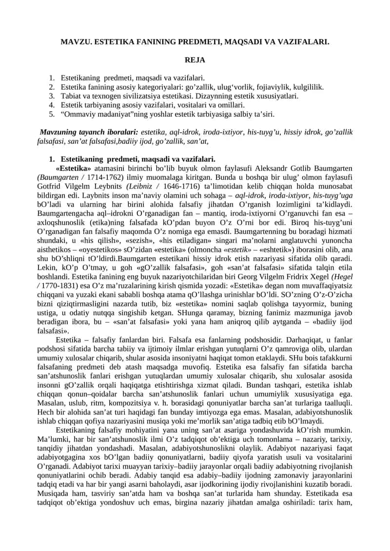 ESTETIKA FANINING PREDMETI, MAQSADI VA VAZIFALARI.