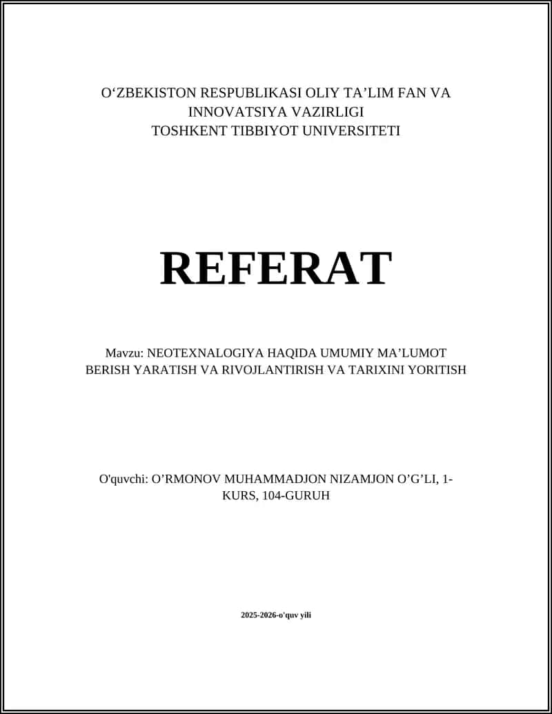 NEOTEXNALOGIYA TA’RIFI VA UNING MOHIYATI