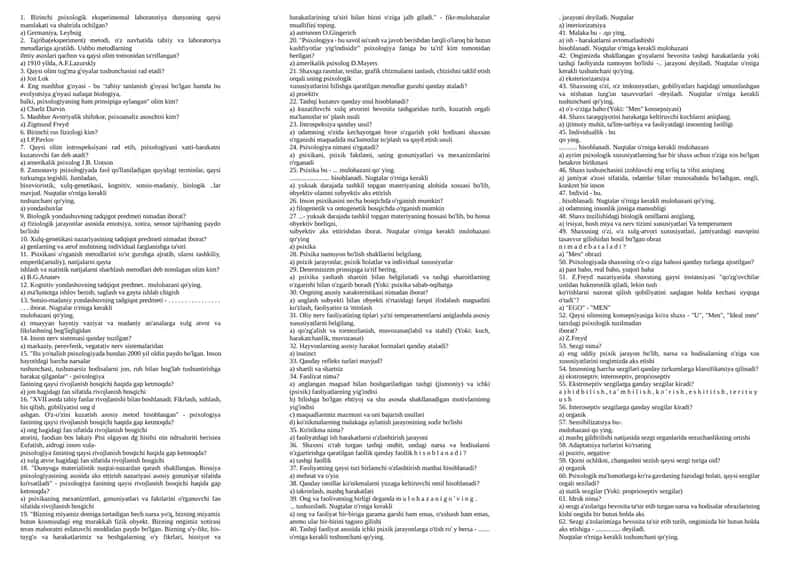 Birinchi psixologik eksperimental laboratoriya TESTLARI