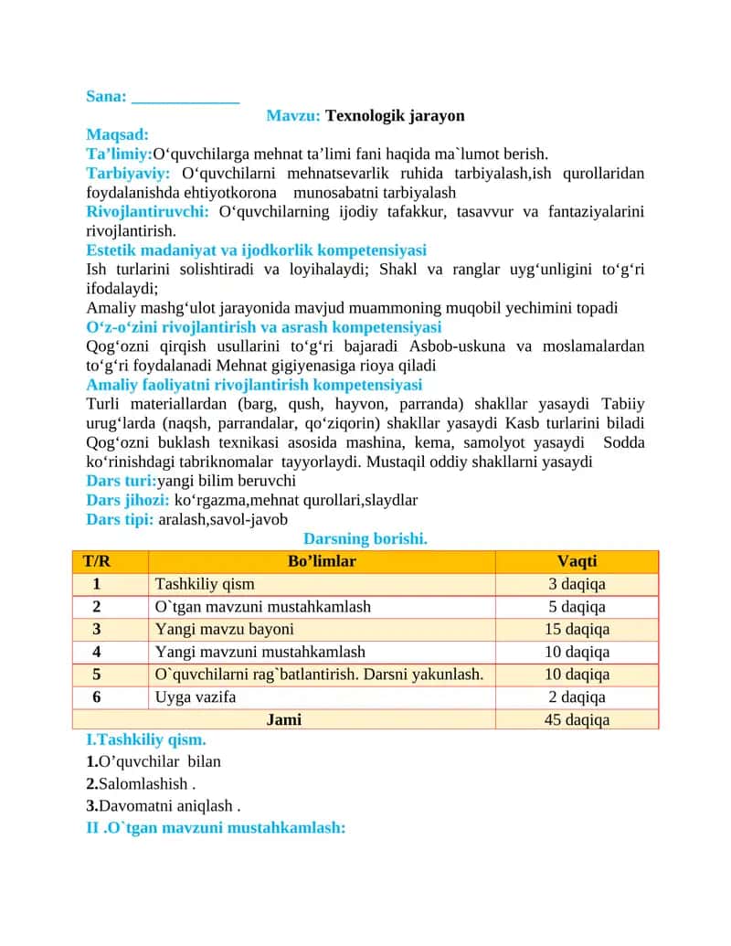 1-sinf Texnologiya fanidan Texnologik jarayon dars ishlanmasi