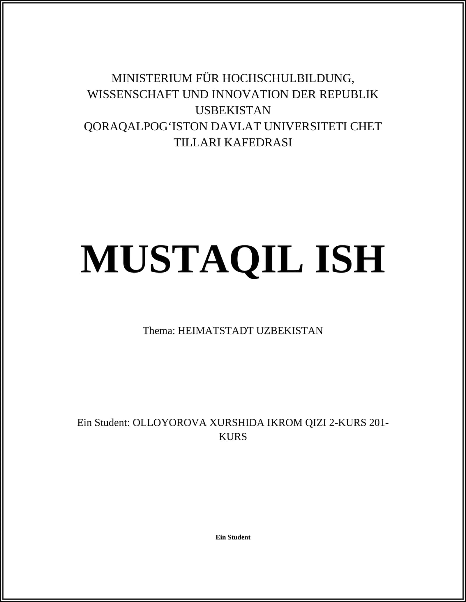 MUSTAQIL ISH: HEIMATSTADT UZBEKISTAN