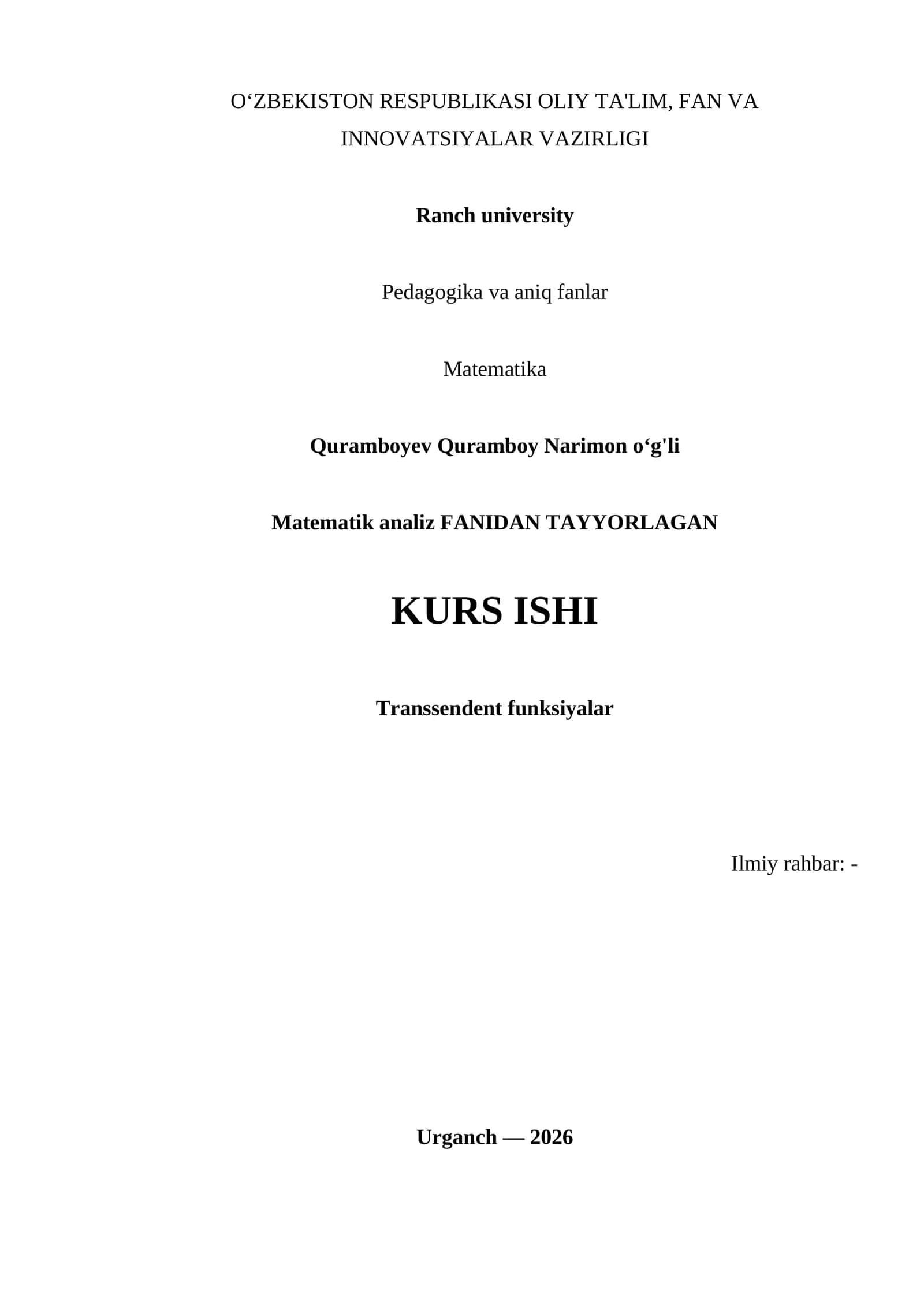 Matematik analiz FANIDAN TAYYORLAGAN KURS ISHI