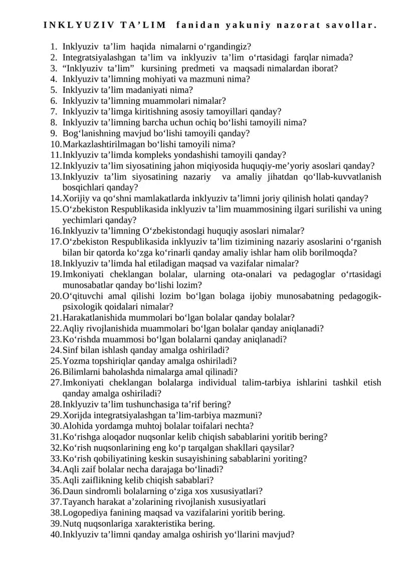 INKLYUZIV TA’LIM fanidan yakuniy nazorat savollar