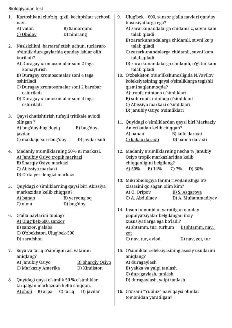 Biologiyadan test 9-sinf
