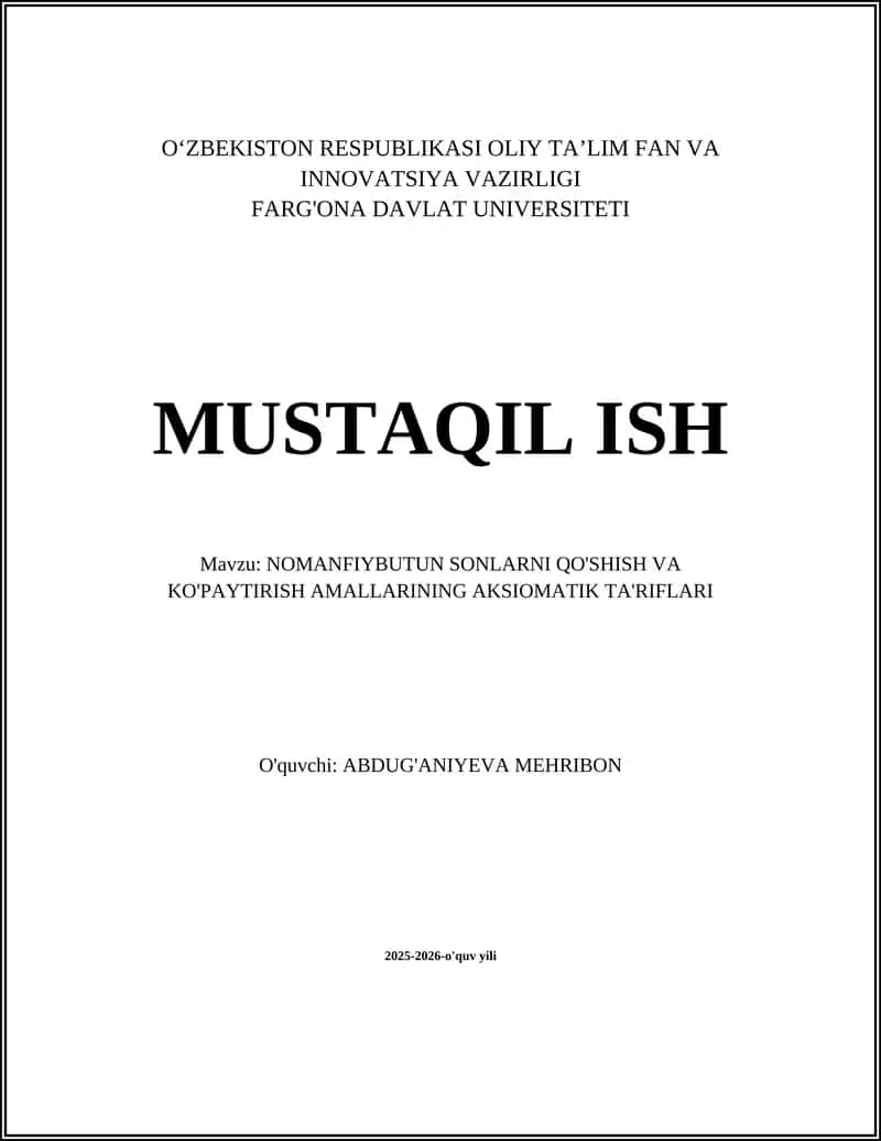 Peano Aksiomalari va Nomanfiy Butun Sonlar