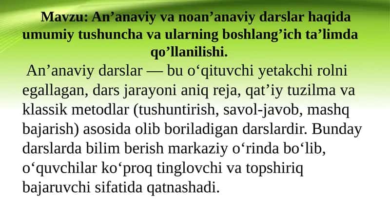 An'anaviy va noan'anaviy darslarni tashkil etish