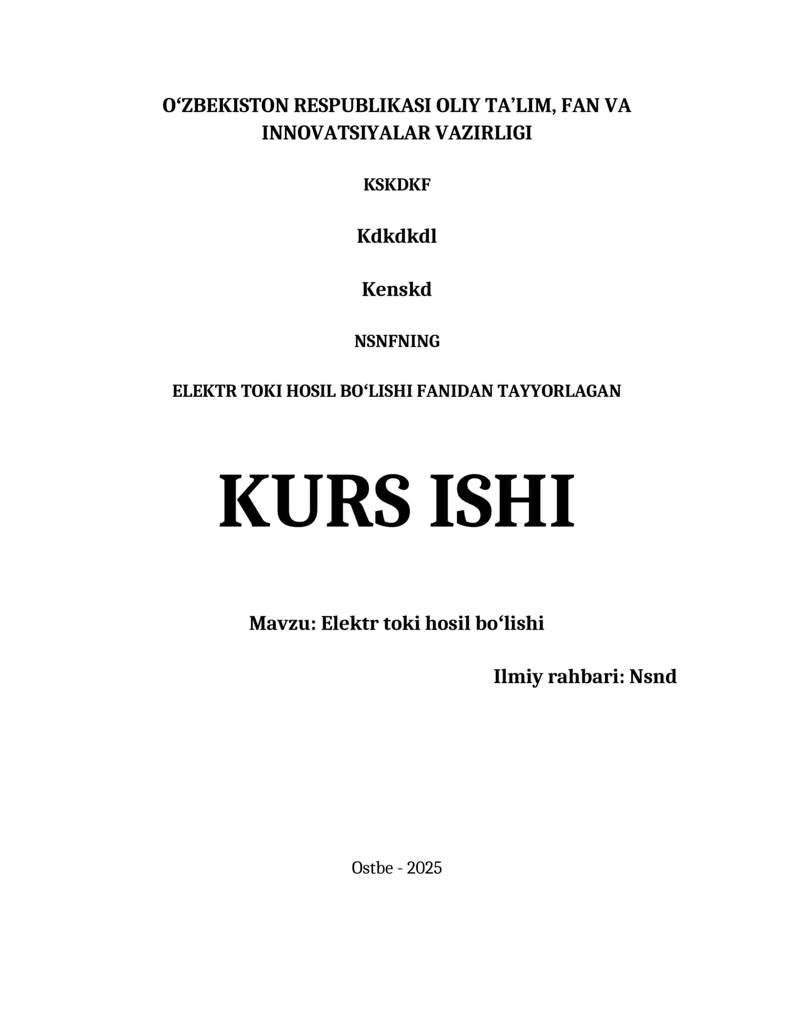 ELEKTR TOKI HOSIL BOʻLISHI KURS ISHI