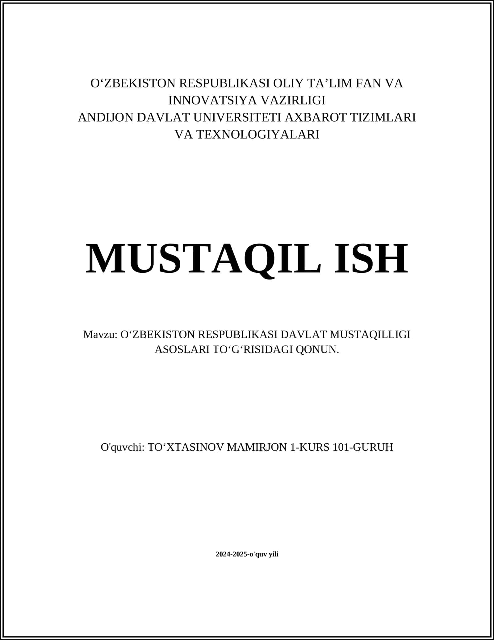 OʻZBEKISTON RESPUBLIKASI DAVLAT MUSTAQILLIGI ASOSLARI TOʻGʻRISIDAGI QONUN