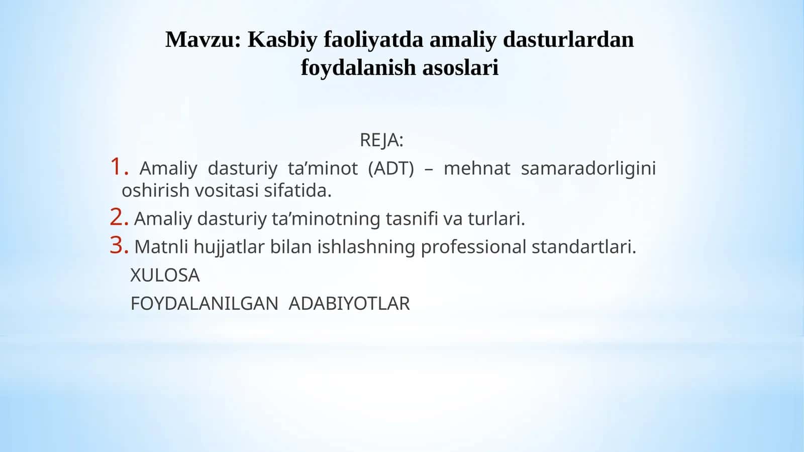 Kasbiy faoliyatda amaliy dasturlardan foydalanish asoslari