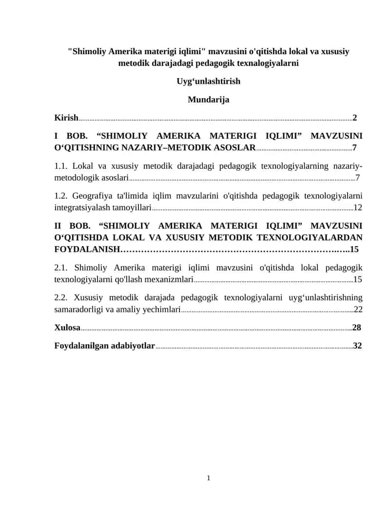 Shimoliy Amerika materigi iqlimi mavzusini o'qitishda lokal va xususiy metodik darajadagi pedagogik texnalogiyalarni