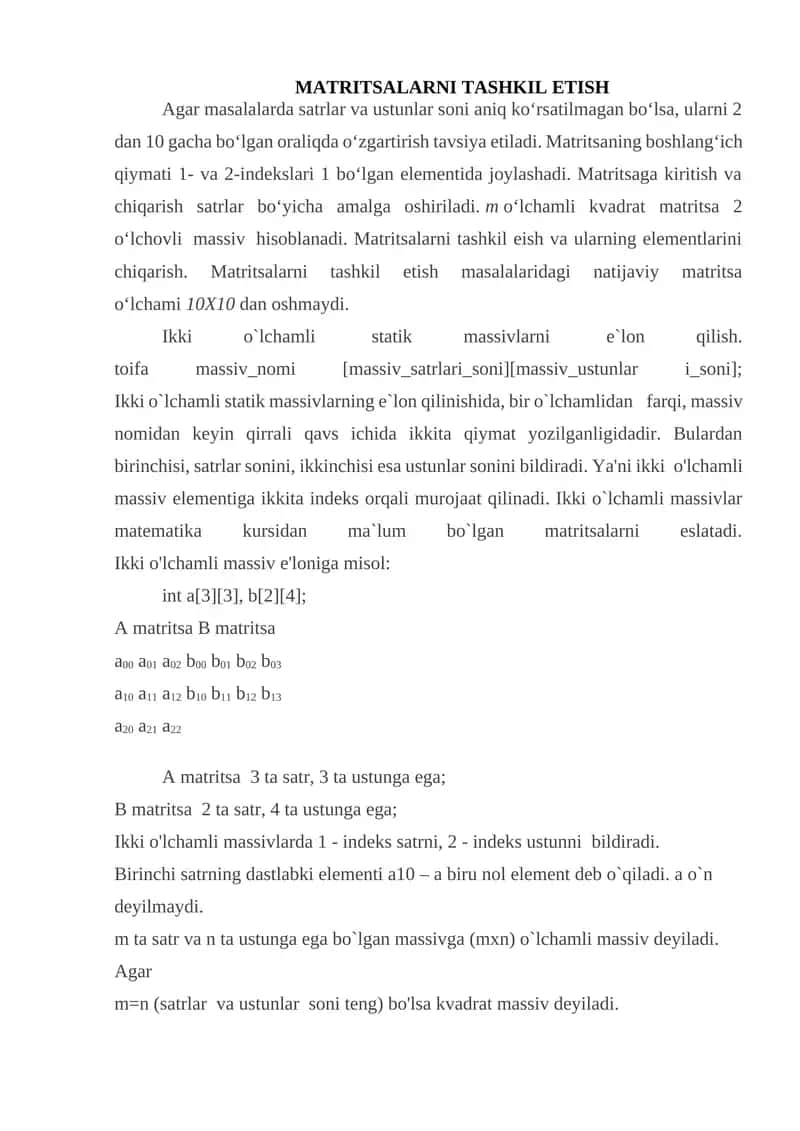 MATRITSALARNI TASHKIL ETISH mustaqil ish
