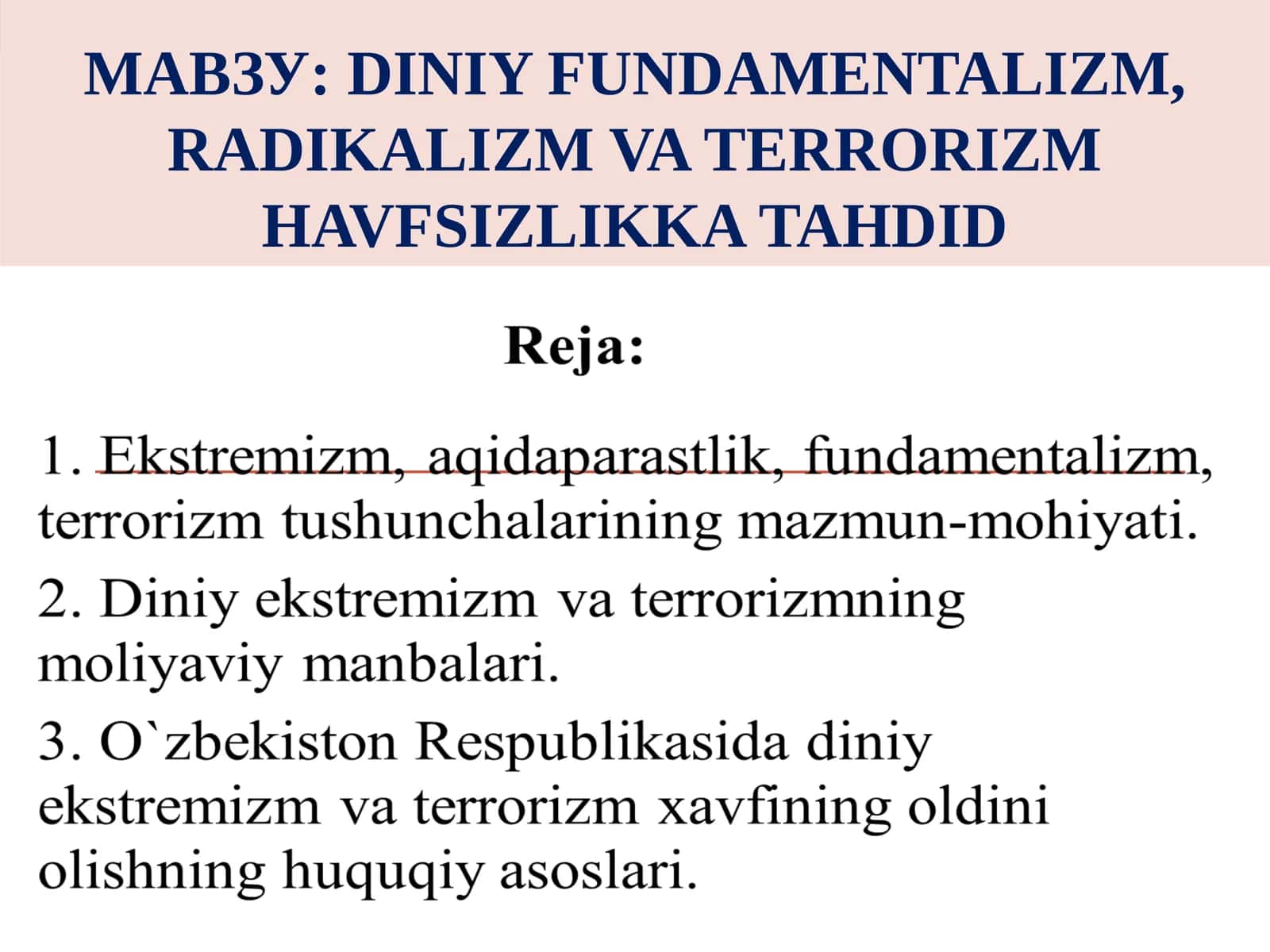 Diniy fundamentalizm, radikalizm va terrorizm havfsizlikka tahdid