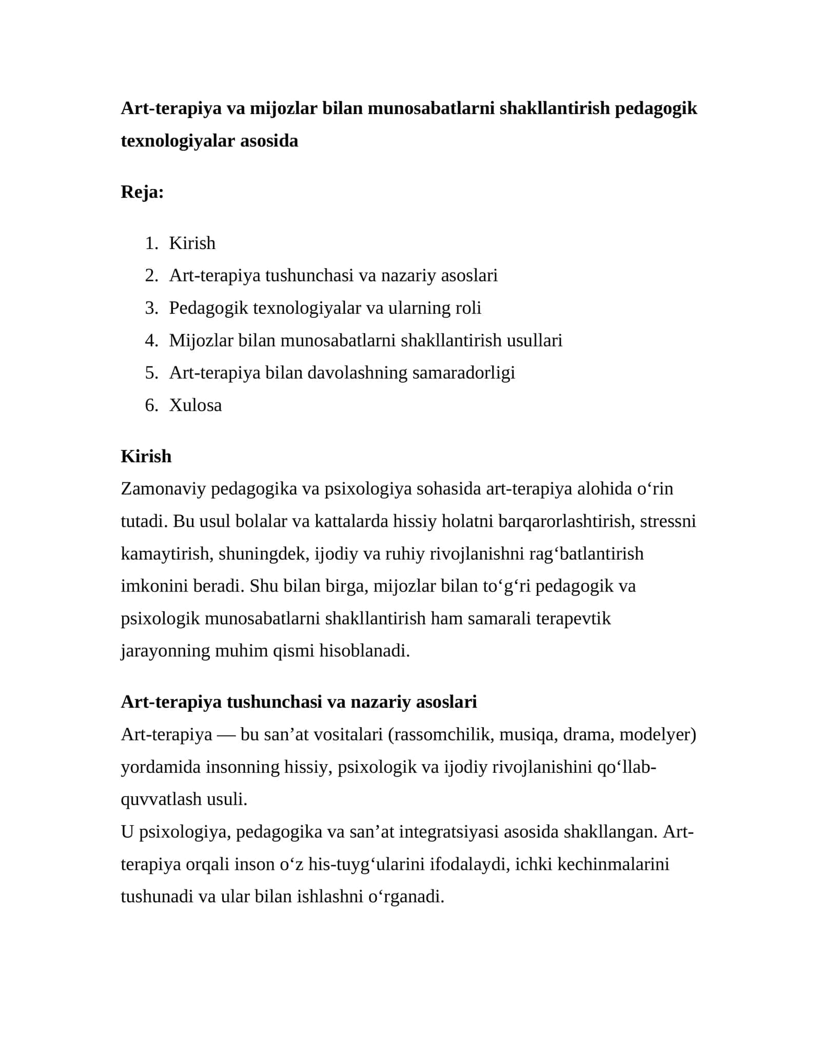 Art-terapiya va mijozlar bilan munosabatlarni shakllantirish pedagogik texnologiyalar asosida