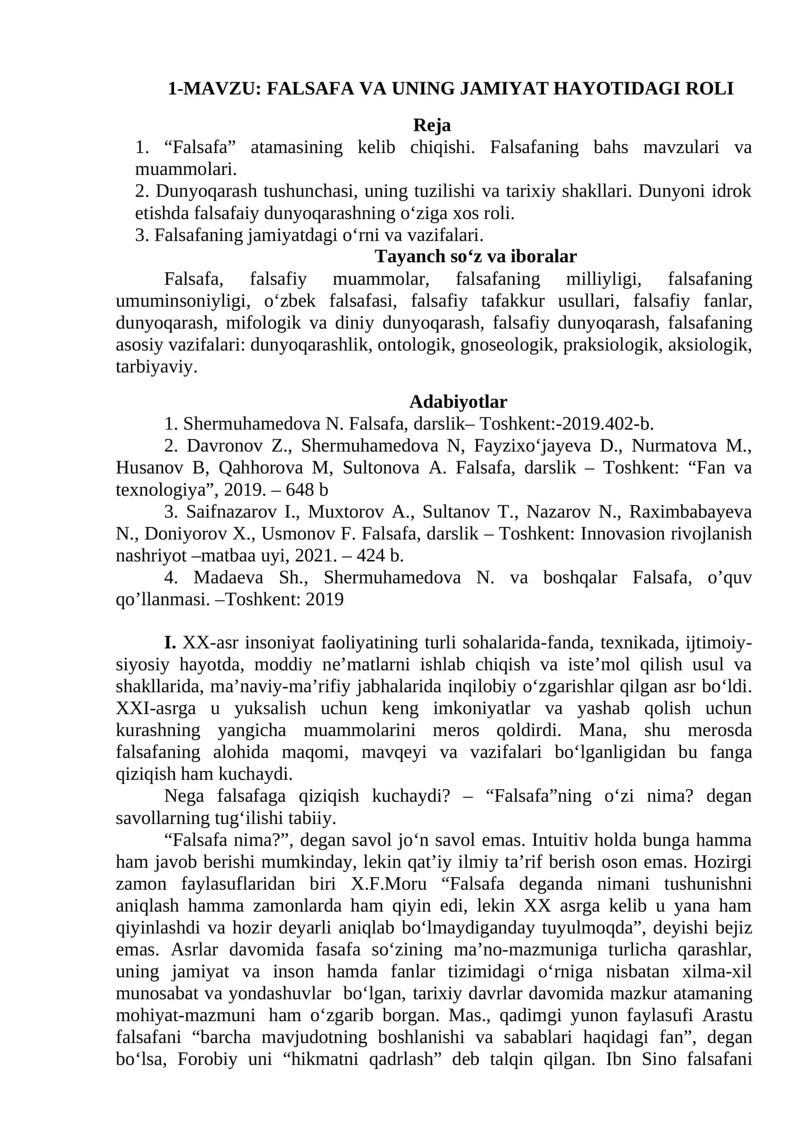 FALSAFA VA UNING JAMIYAT HAYOTIDAGI ROLI