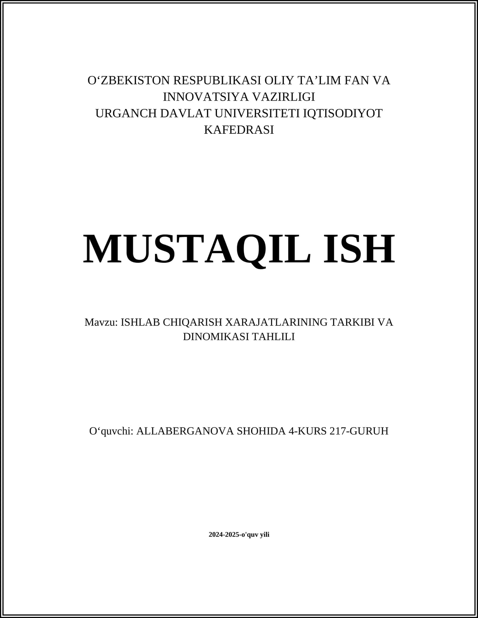 ISHLAB CHIQARISH XARAJATLARINING TARKIBI VA DINOMIKASI TAHLILI