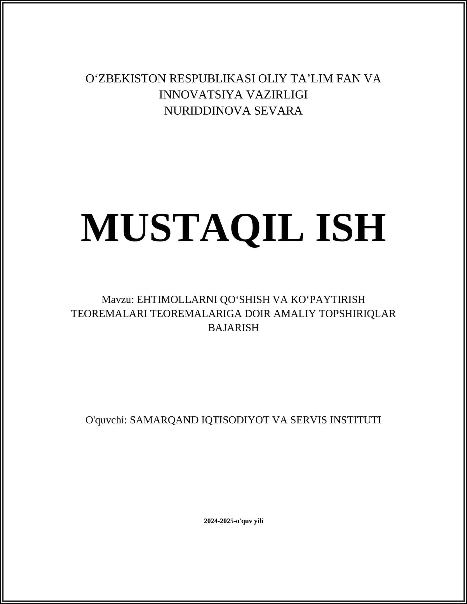 EHTIMOLLARNI QOʻSHISH VA KOʻPAYTIRISH TEOREMALARI TEOREMALARIGA DOIR AMALIY TOPSHIRIQLAR BAJARISH