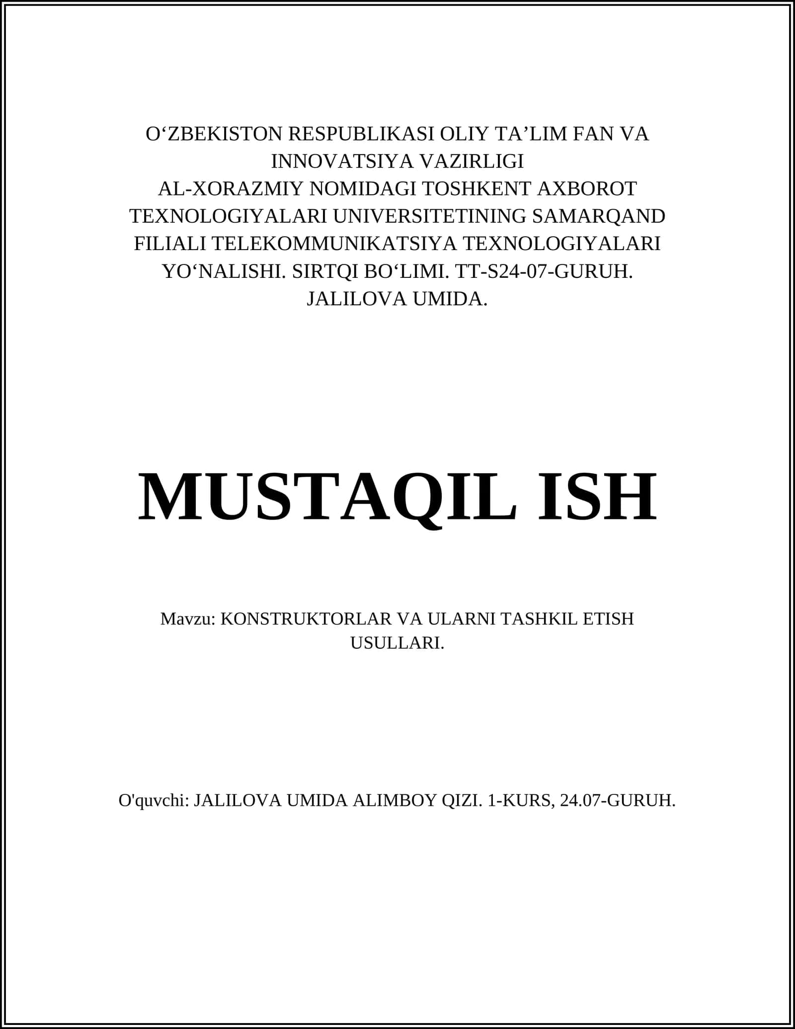 KONSTRUKTORLAR VA ULARNI TASHKIL ETISH USULLARI
