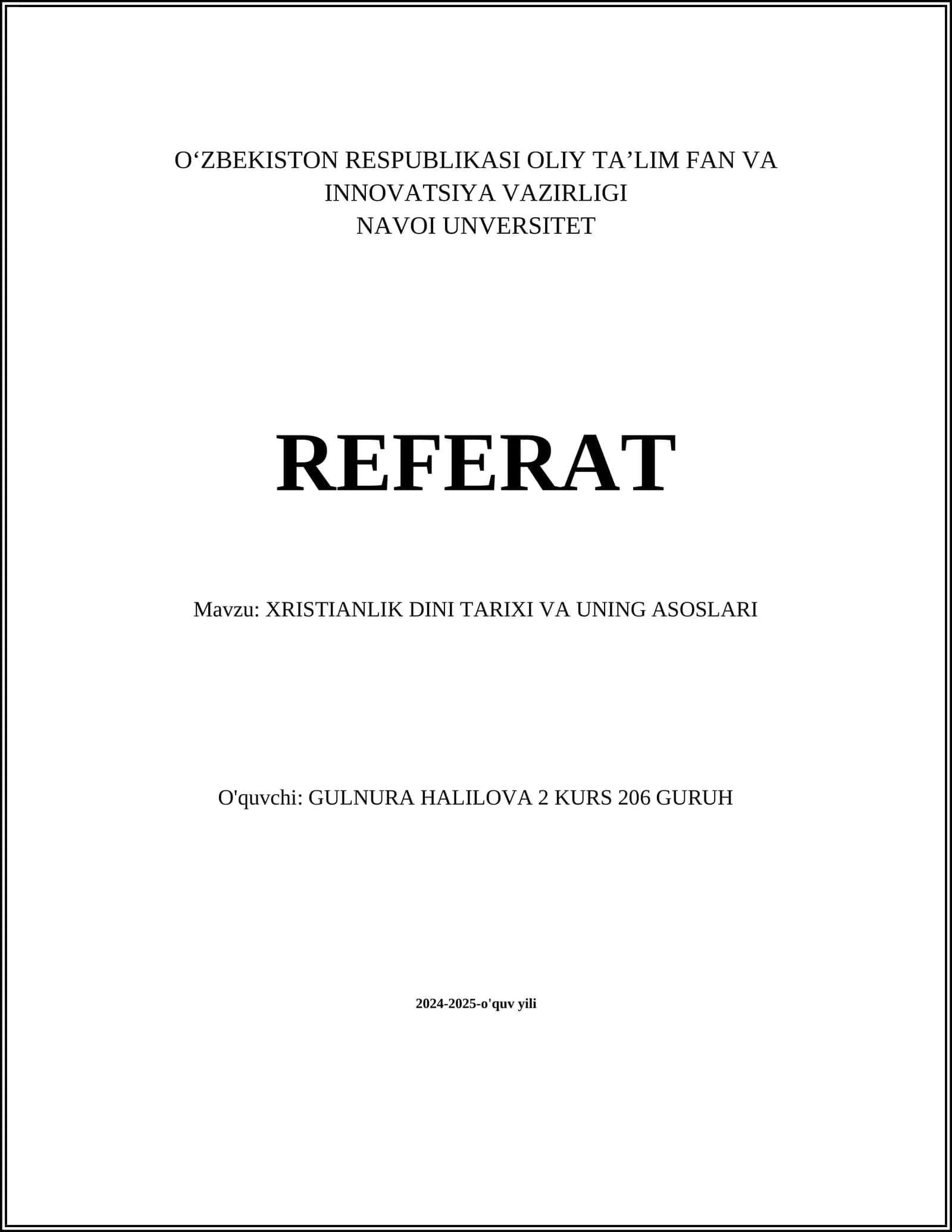 XRISTIANLIK DINI TARIXI VA UNING ASOSLARI